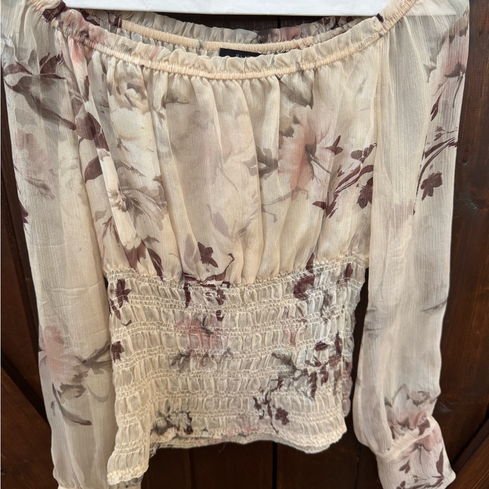 Elie Tahari Cream and Purple Smocked Floral Blouse